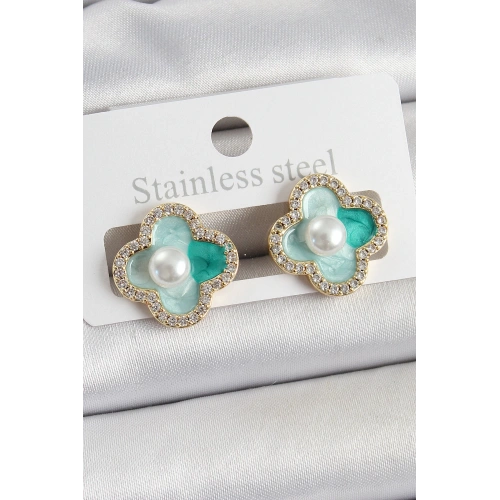 BFS Pirinç Yeşil Mineli İnci Detaylı Zirkon Taşlı Sanatsal Portre Yonca Model Gold Renk Kadın Küpe