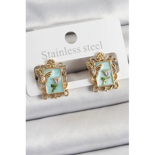 BFS Pirinç Yeşil Mineli Sanatsal Portre Model Gold Renk Kadın Küpe