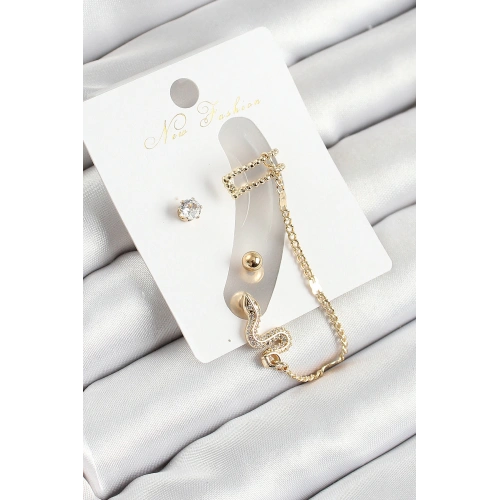 BFS Pirinç Yılan Figürlü Zirkon Taşlı Gold Renk 3lü Kıkırdak Kadın Küpe Set