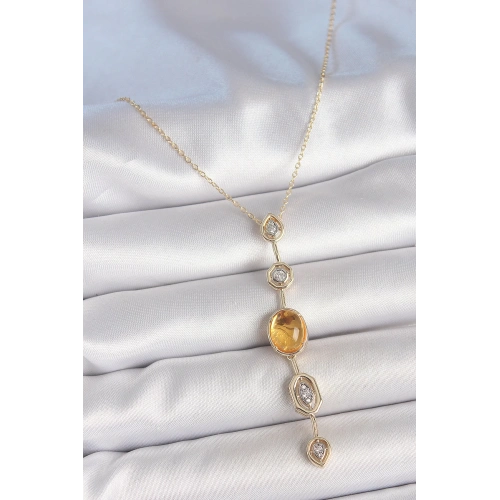 BFS Pirinç Zincir Kehribar Sarı Gold Renk  Zirkon Taşlı Y Kolye