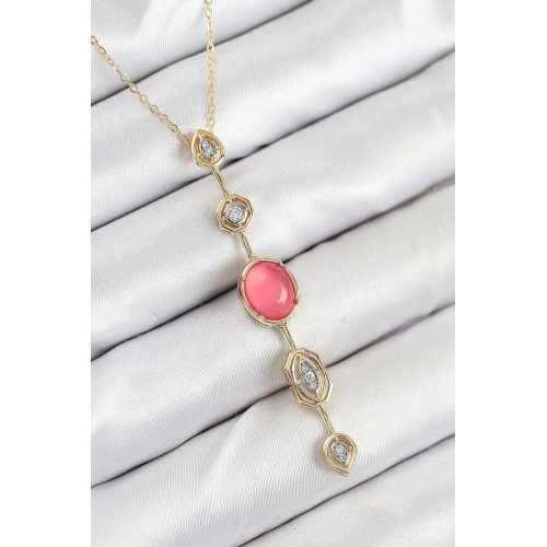 BFS Pirinç Zincir Pembe Gold Renk Zirkon Taşlı Y Kolye