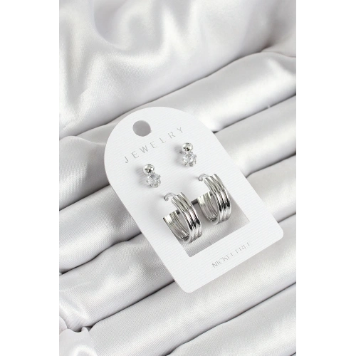 BFS Pirinç Zirkon Taş Ve Halka Figürlü Gümüş Renk 3lü Çift Kadın Küpe Set