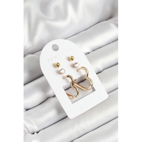 BFS Pirinç Zirkon Taş Ve Kalp Figürlü Gold Renk 3lü Çift Kadın Küpe Set