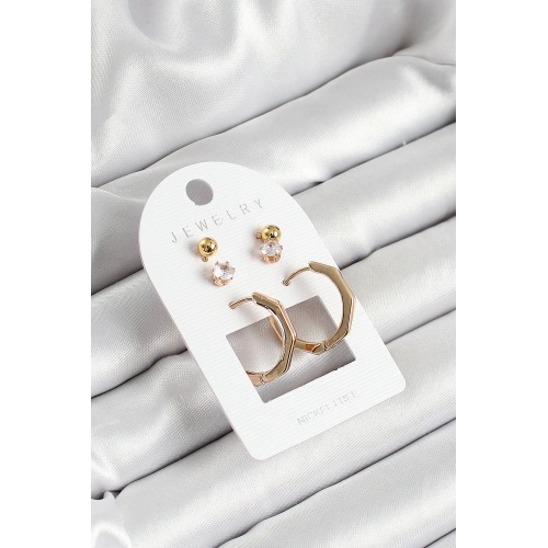 BFS Pirinç Zirkon Taş Ve Kemik Halka Figürlü Gold Renk 3lü Çift Kadın Küpe Set