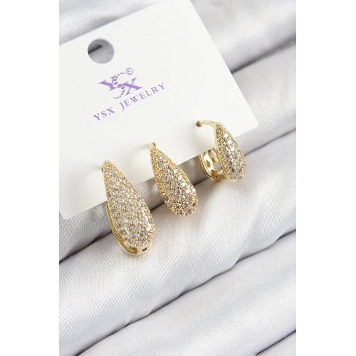 BFS Pirinç Zirkon Taşlı 3lü Damla Model Gold Renk Kadın Küpe
