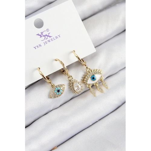 BFS Pirinç Zirkon Taşlı 3lü Fatmanın Gözü Model Gold Renk Kadın Küpe