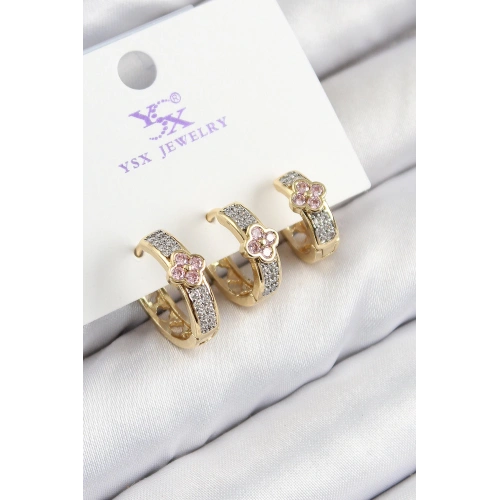 BFS Pirinç Zirkon Taşlı 3lü Halka Yonca Model Gold Ve Gümüş Renk Kadın Küpe