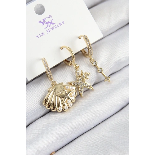 BFS Pirinç Zirkon Taşlı 3lü İstiridye Ve Yıldız Model Gold Renk Kadın Küpe