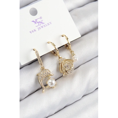 BFS Pirinç Zirkon Taşlı 3lü Yunus Balığı Ve İstiridye Model Gold Renk Kadın Küpe