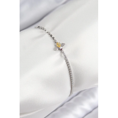 BFS Pirinç Zirkon Taşlı Arı Model Ezme Zincir Gümüş Renk Kadın Bileklik