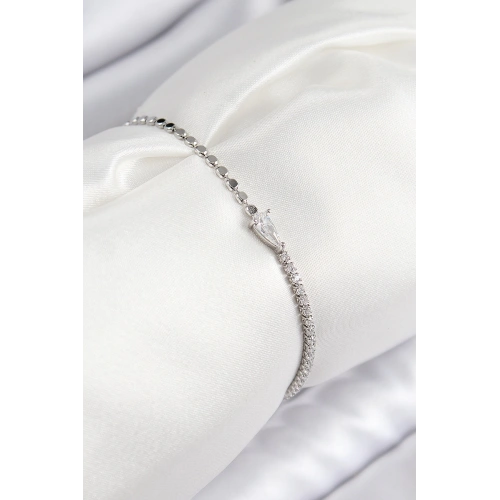 BFS Pirinç Zirkon Taşlı Damla Model Ezme Zincir Gümüş Renk Kadın Bileklik