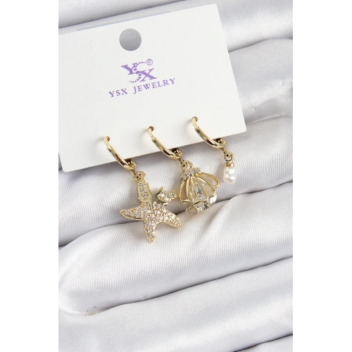 BFS Pirinç Zİrkon Taşlı Deniz Yıldızı Ve İstiridye Model Gold Renk 3lü Kadın Küpe