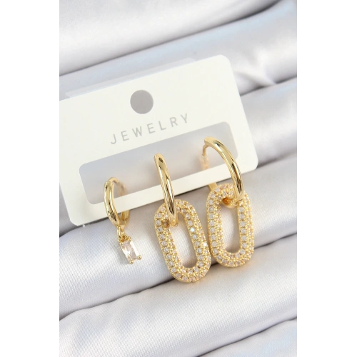 BFS Pirinç Zirkon Taşlı Dikdörtgen Model Gold Renk 3lü Çift Kadın Küpe Set