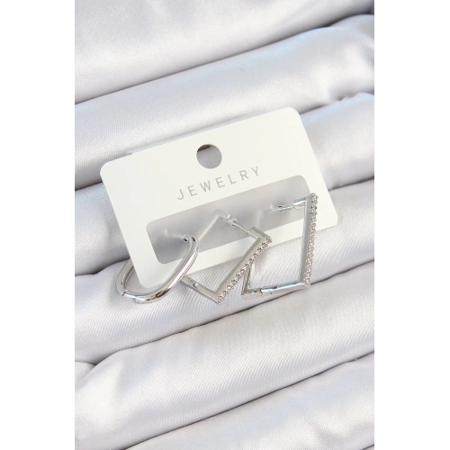 BFS Pirinç Zirkon Taşlı Dikdörtgen Model Gümüş Renk 3lü Çift Kadın Küpe Set