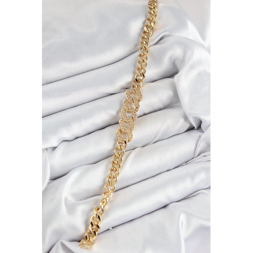 BFS Pirinç Zirkon Taşlı Ezme Küba Zincir Model Gold Renk Kadın Bileklik