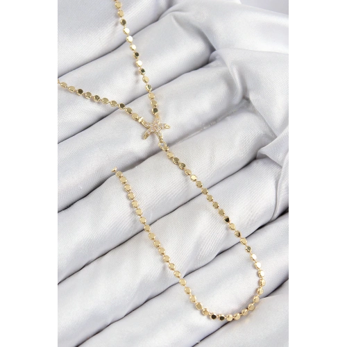 BFS Pirinç Zirkon Taşlı Ezme Zincirli Deniz Yıldızı Model Gold Renk Y Kolye