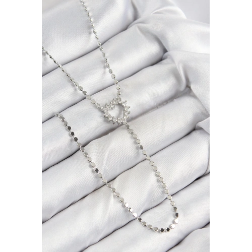 BFS Pirinç Zirkon Taşlı Ezme Zincirli Kalp Model Gümüş Renk Y Kolye