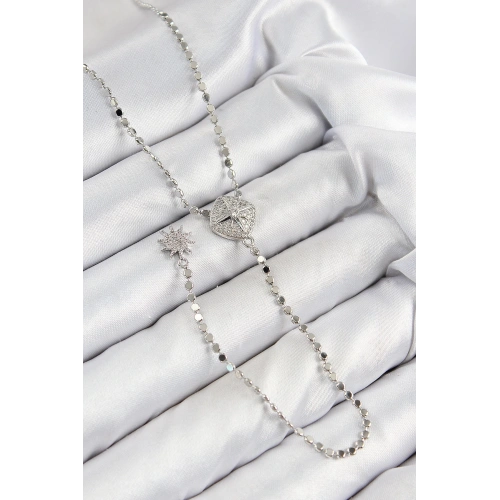 BFS Pirinç Zirkon Taşlı Ezme Zincirli Madalyon Model Gümüş Renk Y Kolye