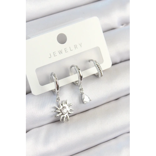 BFS Pirinç Zirkon Taşlı Güneş Model Gümüş Renk 3lü Çift Kadın Küpe Set