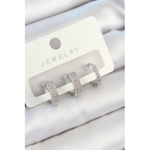 BFS Pirinç Zirkon Taşlı Halka Model Gümüş Renk 3lü Çift Kadın Küpe Set