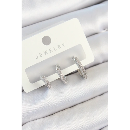 BFS Pirinç Zirkon Taşlı Halka Model Gümüş Renk 3lü Çift Kadın Küpe Set