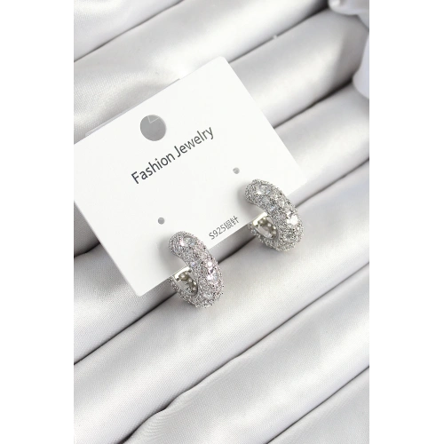 BFS Pirinç Zirkon Taşlı Halka Model Gümüş Renk Kadın Küpe