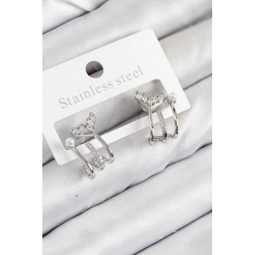 BFS Pirinç Zirkon Taşlı İnci Detaylı Balık Kuyruğu Model Gümüş Renk Kadın Küpe