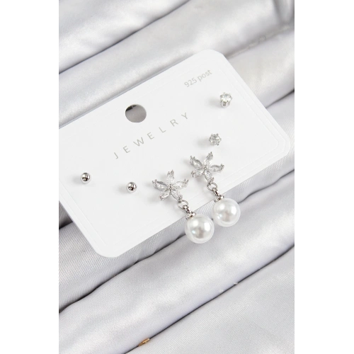 BFS Pirinç Zirkon Taşlı İnci Sallantılı Çiçek Model Gümüş Renk 925 Ayar Gümüş Çivi Kadın Küpe Set