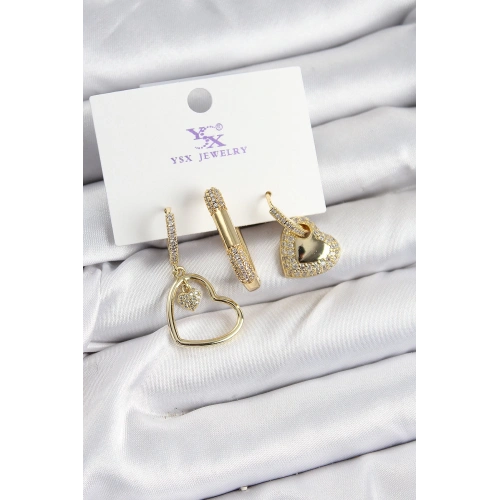 BFS Pirinç Zİrkon Taşlı Kalp Model Gold Renk 3lü Kadın Küpe