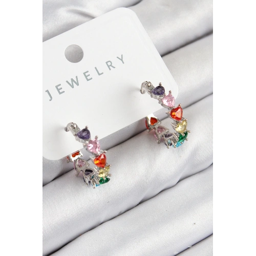 BFS Pirinç Zirkon Taşlı Kalp Model Gümüş Renk Kadın Küpe