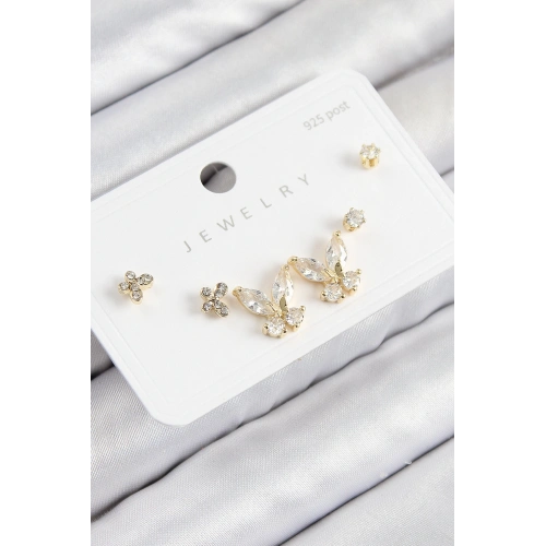 BFS Pirinç Zirkon Taşlı Kelebek Model Gold Renk 925 Ayar Gümüş Çivi Kadın Küpe Set