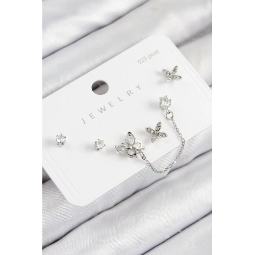 BFS Pirinç Zirkon Taşlı Kelebek Model Gümüş Renk 925 Ayar Gümüş Çivi Kadın Küpe Set