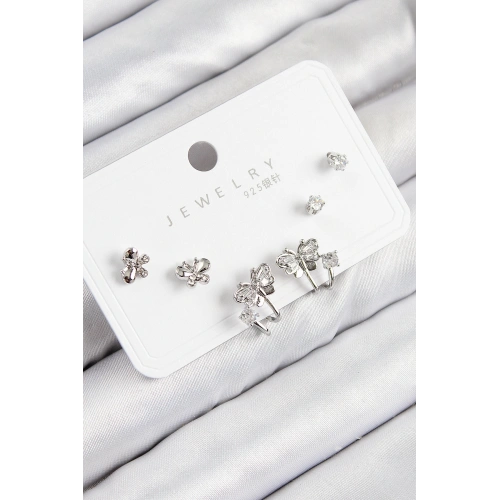 BFS Pirinç Zirkon Taşlı Kelebek Model Gümüş Renk 925 Ayar Gümüş Çivi Kadın Küpe Set