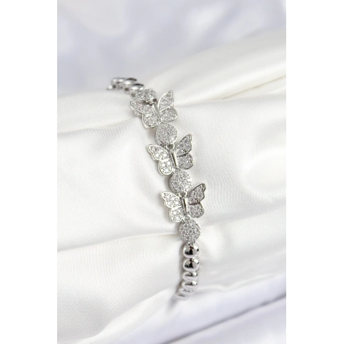 BFS Pirinç Zirkon Taşlı Kelebek Model Gümüş Renk Kadın Bileklik