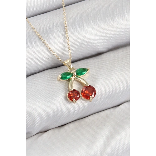 BFS Pirinç Zirkon Taşlı Kiraz Model Gold Renk Kadın Kolye