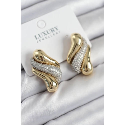 BFS Pirinç Zirkon Taşlı Kıvrım Model Gold Renk Kadın Küpe