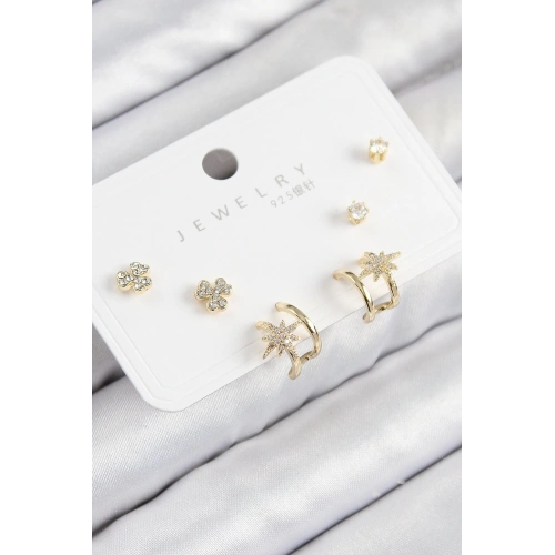 BFS Pirinç Zirkon Taşlı Kutup Yıldızı Model Gold Renk 925 Ayar Gümüş Çivi Kadın Küpe Set