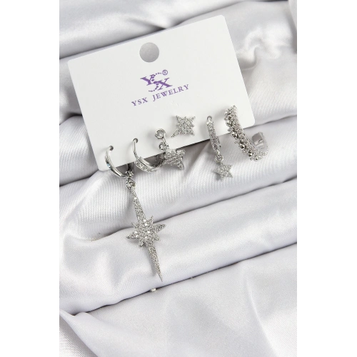 BFS Pirinç Zİrkon Taşlı Kutup Yıldızı Model Gümüş Renk 3lü Çift Kadın Küpe