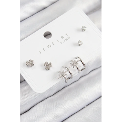 BFS Pirinç Zirkon Taşlı Kutup Yıldızı Model Gümüş Renk 925 Ayar Gümüş Çivi Kadın Küpe Set