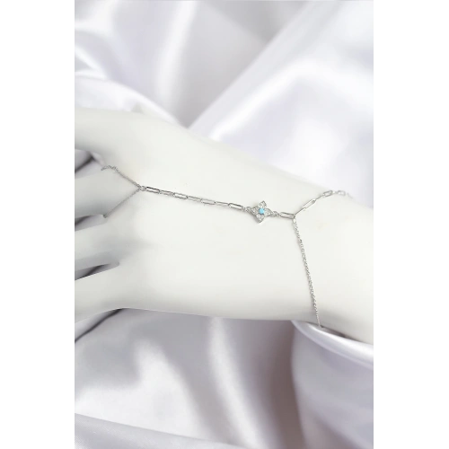 BFS Pirinç Zirkon Taşlı Mavi Boncuklu Yonca Model Gümüş Renk Şahmeran