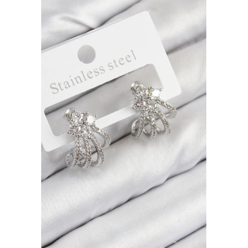 BFS Pirinç Zirkon Taşlı Model Gümüş Renk Kadın Küpe