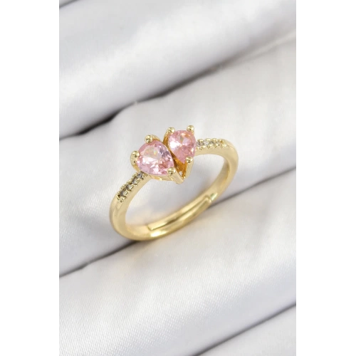 BFS Pirinç Zirkon Taşlı Pembe Kalp Model Gold Renk Kadın Yüzük