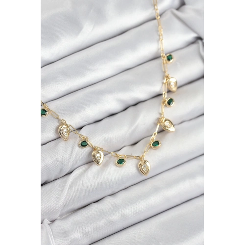 BFS Pirinç Zirkon Taşlı Sallantılı Damla Model Gold Renk Kadın Kolye