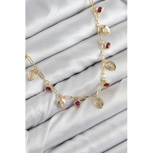 BFS Pirinç Zirkon Taşlı Sallantılı Damla Model Gold Renk Kadın Kolye