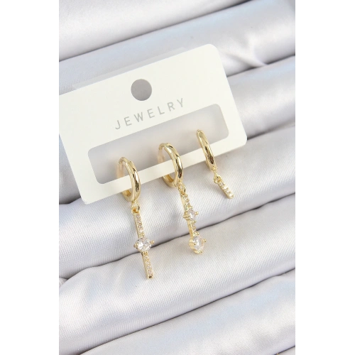 BFS Pirinç Zirkon Taşlı Sallantılı Model Gold Renk 3lü Çift Kadın Küpe Set