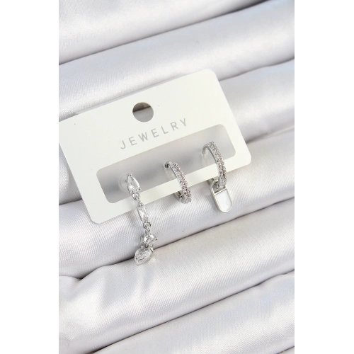 BFS Pirinç Zirkon Taşlı Sallantılı Model Gümüş Renk 3lü Çift Kadın Küpe Set