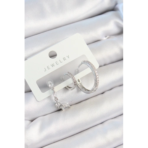 BFS Pirinç Zirkon Taşlı Sallantılı Model Gümüş Renk 3lü Çift Kadın Küpe Set