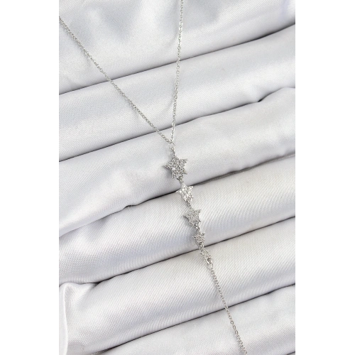 BFS Pirinç Zirkon Taşlı Sıralı Yıldız Figürlü Y Model Gümüş Renk Kadın Kolye