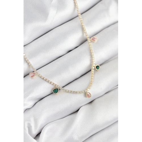 BFS Pirinç Zirkon Taşlı Su Yolu Damla Model Gold Renk Kadın Kolye