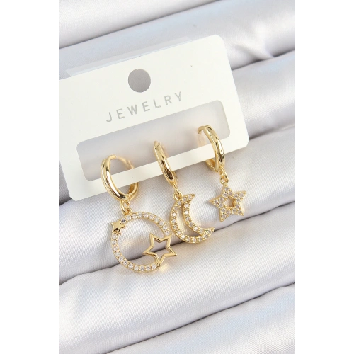 BFS Pirinç Zirkon Taşlı Yıldız Ve Ay Model Gold Renk 3lü Çift Kadın Küpe Set